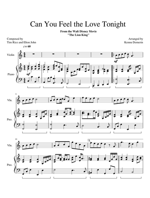 Can You Feel the Love Tonight C to D major (Piano and Violin)