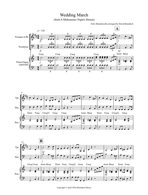 Wedding March (from A Midsummer Night's Dream) for Trumpet and Trombone Duet (Arr. David Burndrett) - Felix Mendelssohn (Instrumental Duet)