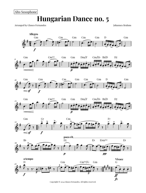 Hungarian Dance No. 5 (Arr. Glauco Fernandes) - Johannes Brahms (Alto Sax Solo)