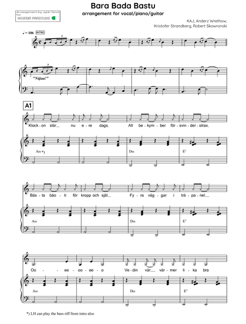 Bara Bada Bastu (Arr. PRO Jyrki Tenni) - Kaj (Piano Vocal)