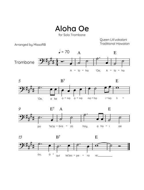 Aloha Oe - Solo Trombone in E Major Easy With Lyrics & Chords (Arr. MissoRB) - Queen Liliʻuokalani (Trombone Solo)
