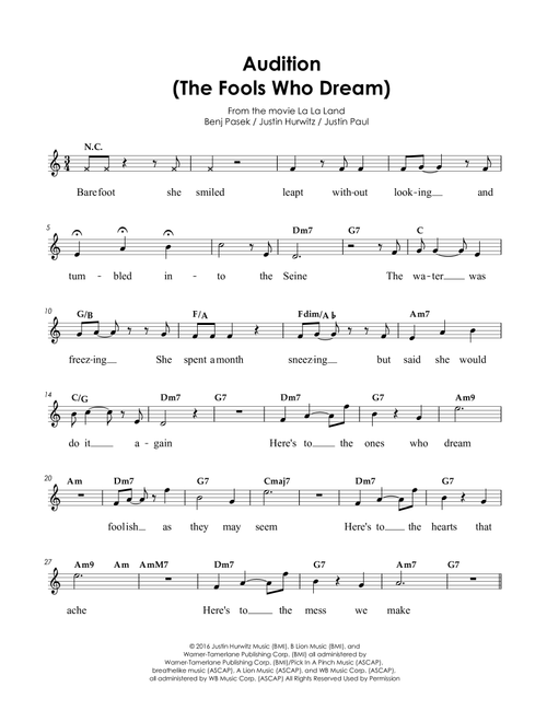 Audition (the Fools Who Dream) (Arr. Charles Lee) - Justin Hurwitz (Lead Sheet - Fake Book)
