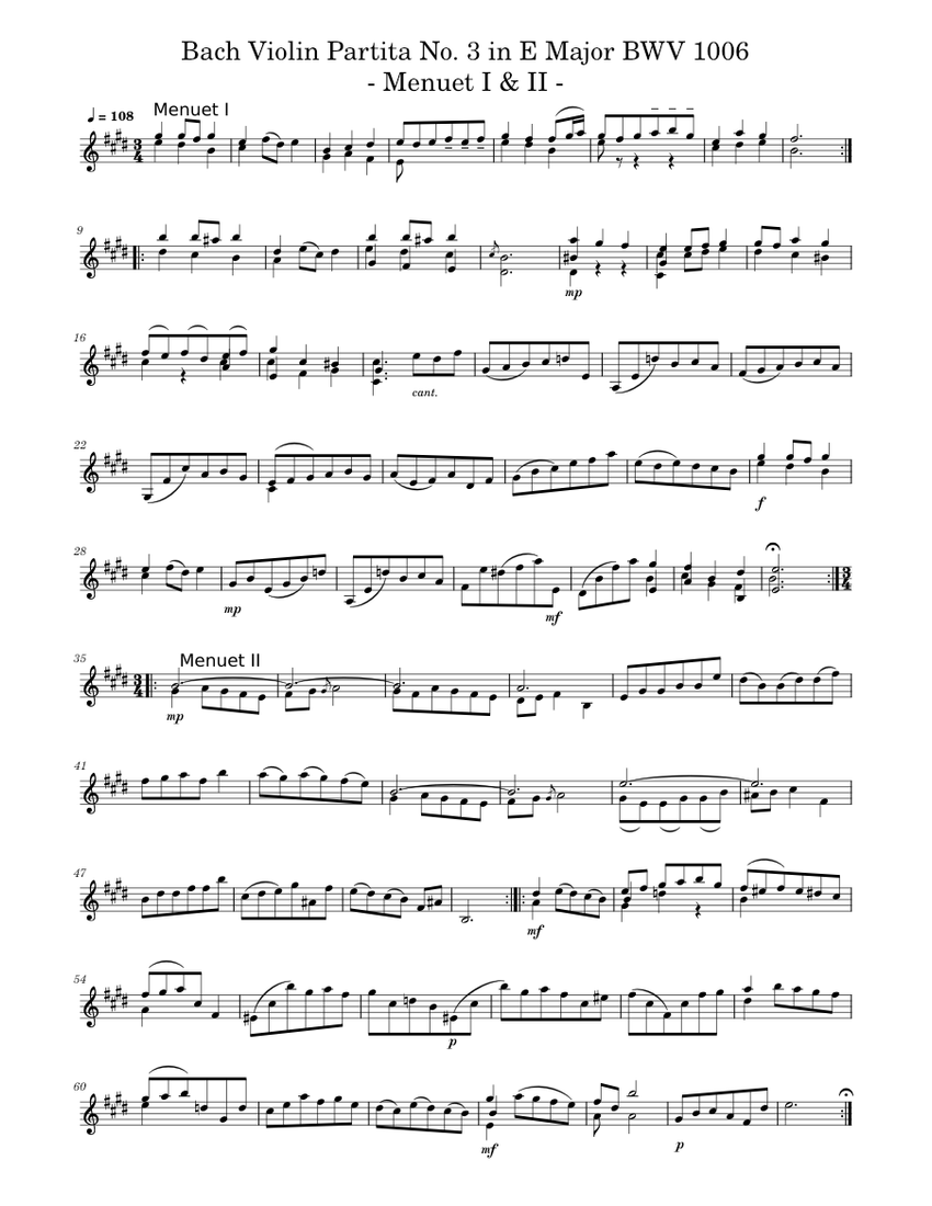 Violin Partita No. 3 in E Major BWV 1006 - Menuet I & II - Bach Sheet ...