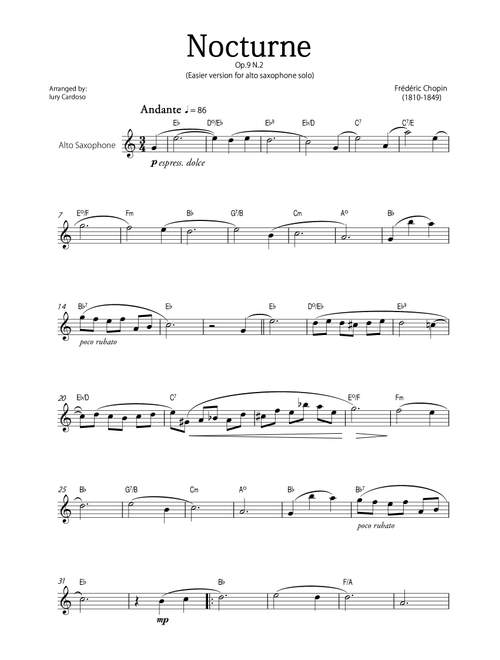 "Nocturne" (Chopin) - Beautiful EASY version for ALTO SAXOPHONE SOLO. (Arr. Iury Cardoso) - Frédéric Chopin (Alto Sax Solo)