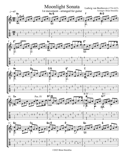 Moonlight Sonata 1st Movement (Piano Sonata No. 14) Guitar (Arr. Brian Streckfus) - Ludwig Van Beethoven (Guitar Tab)