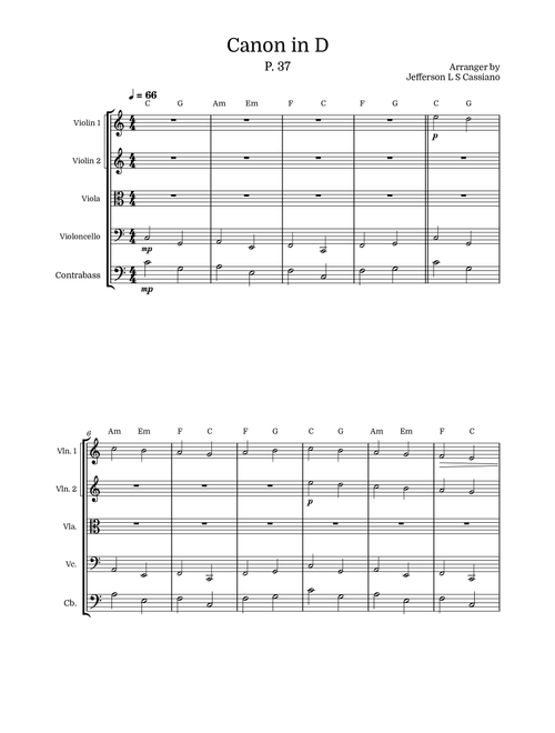Canon in D: String Quintet with Chords (Arr. Jefferson LS Cassiano) - J Pachelbel (String Ensemble)