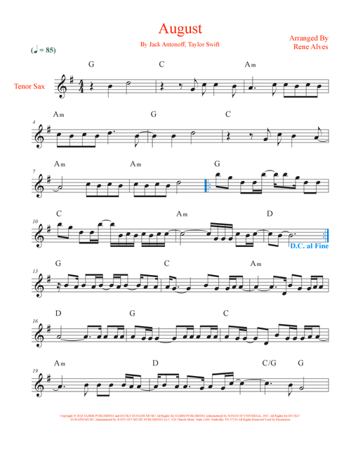 August (Arr. Rene Alves) - Taylor Swift (Tenor Sax Solo)