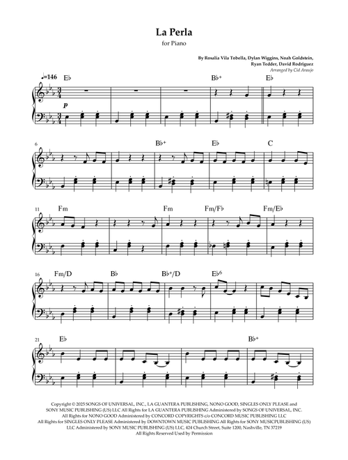 La Perla (Arr. Cid Araujo) - Rosalía with Yahritza y su Esencia (Easy Piano)