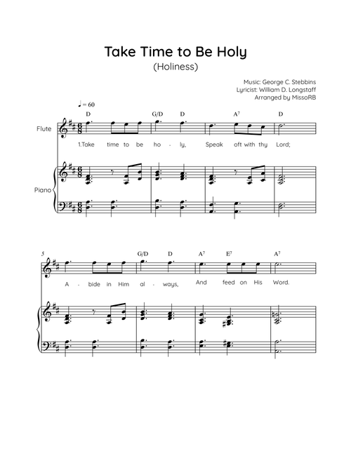 Take Time to Be Holy - Flute with Piano in D Easy with Chords and Lyrics (Arr. MissoRB) - George C Stebbins and William D Longstaff (Flute and Piano)