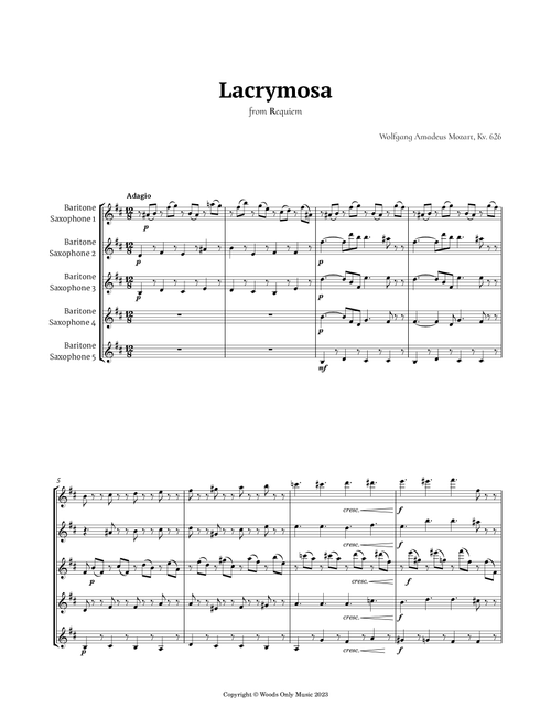 Queen of the Night Aria by Mozart for Baritone Sax Quintet (Arr. Ander) (Woodwind Ensemble)