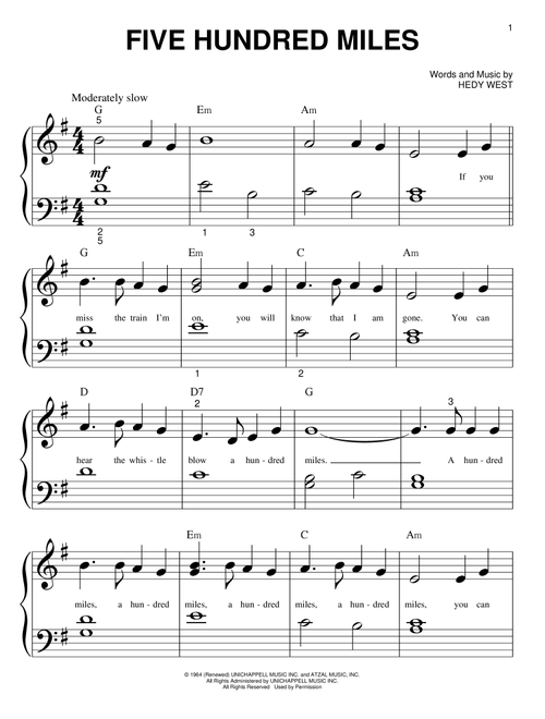 Five Hundred Miles - Peter Paul & Mary (Big Note Piano)