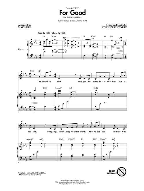 For Good (from Wicked) (arr. Mac Huff) - Stephen Schwartz (Choral, SATB)