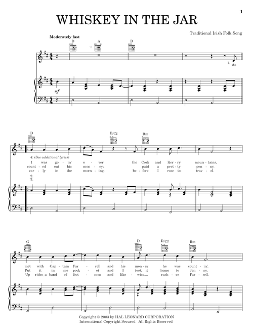 Whiskey In The Jar - Irish Folksong, The Dubliners (Piano-Vocal-Guitar)