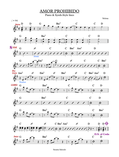 Amor Prohibido (Arr. Susana Salcedo) - Selena (Piano Solo)
