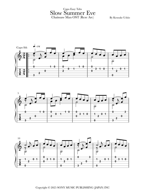Slow Summer Eve (Arr. Capo Easy Tabs) - Kensuke Ushio (Easy Guitar with TAB)
