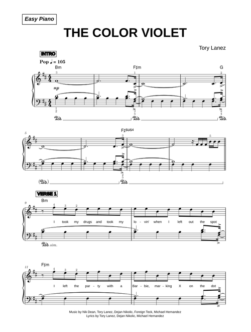 The Color Violet - Tory Lanez (Easy Piano)