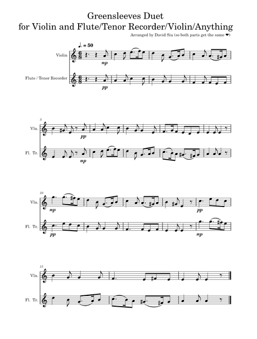 Greensleeves – Misc Traditional Greensleeves Arranged for Violin and Flute and more (Democratized!)