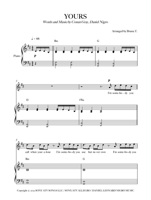 Yours (Arr. Bruna T.) - Conan Gray (Piano Vocal)
