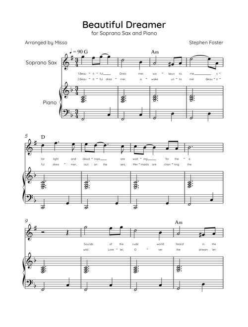 Beautiful Dreamer - Soprano Sax and Piano in F Major Easy - Lyrics & Chords (Version Tom Roush) (Arr. Misso) (Soprano Sax and Piano)
