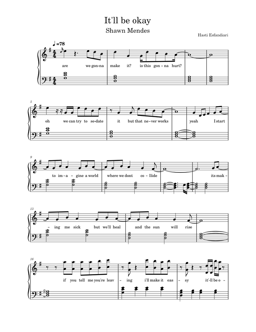 It'll Be Okay Shawn Mendes + Lyrics Sheet music for Piano (Solo
