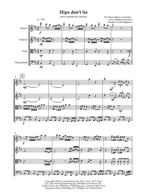 Hips Don't Lie (Arr. Cecilia Beguería Portugués) - Shakira Featuring Wyclef Jean (String Quartet)