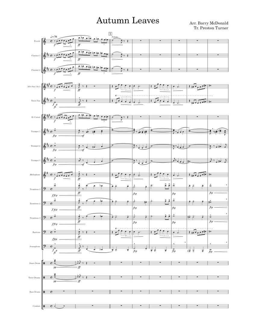 Custom Flute Instruments Leaves Autumn_Leaves Sheet Music for Trombone, Cornet, Flute piccolo, Clarinet ...