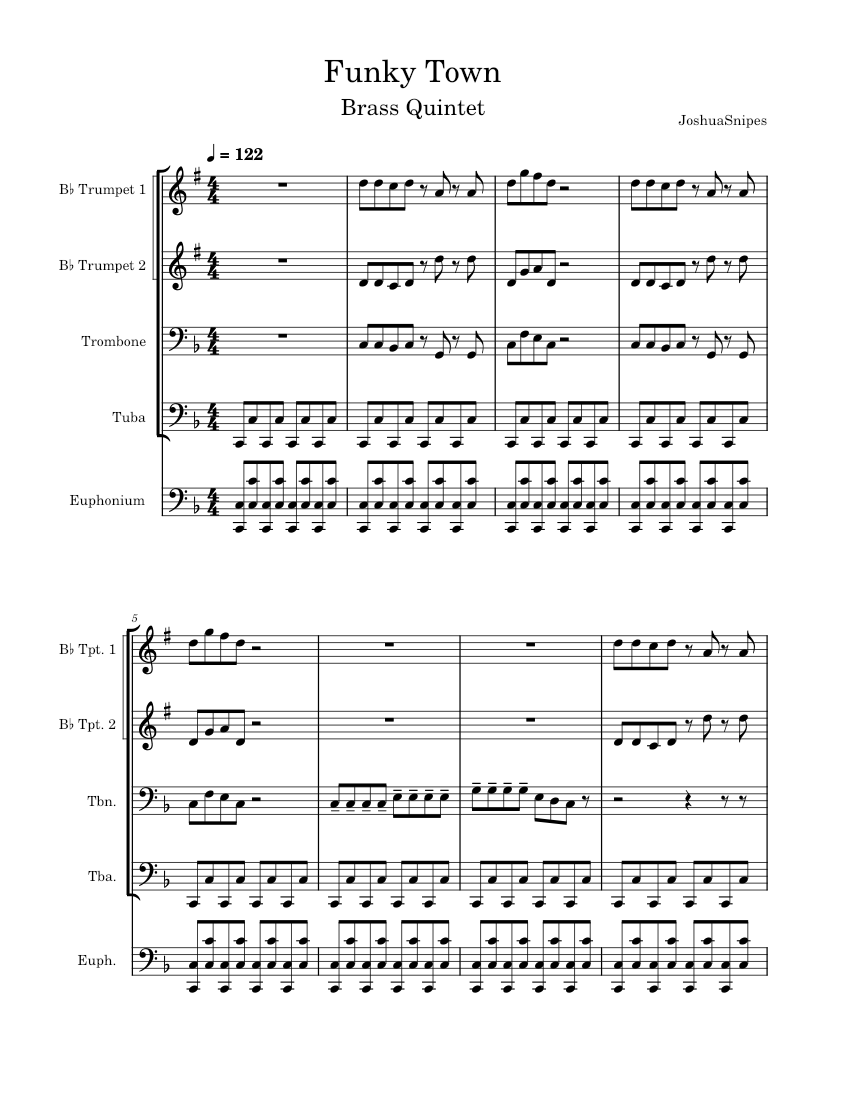 Funky Town for Brass Quintet Sheet Music for Trombone, Euphonium, Tuba ...