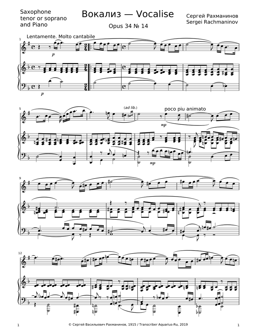 Rachmaninov Vocalise for Sax & Piano Sheet music for Piano