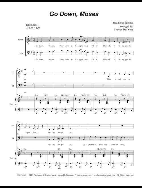 Go Down, Moses (Duet for Tenor and Bass solo) (Arr. Stephen DeCesare) - African-American Spiritual (Voice Duet and Piano)