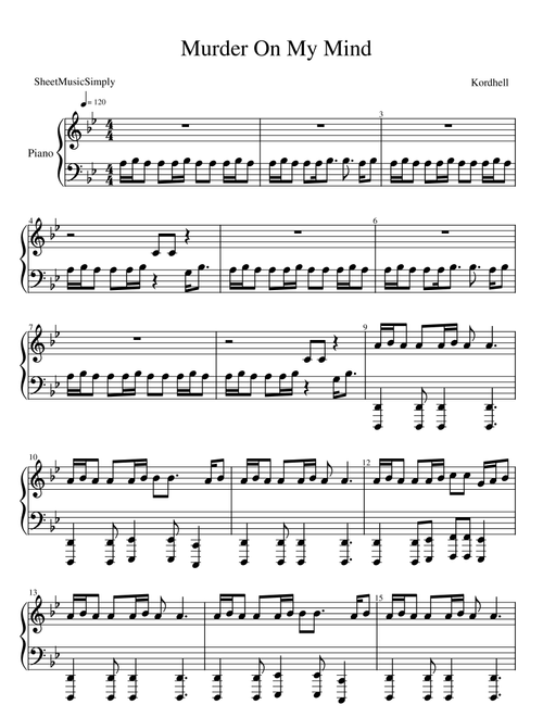 Murder In My Mind (Arr. SheetMusicSimply) - Kordhell (Piano Solo)