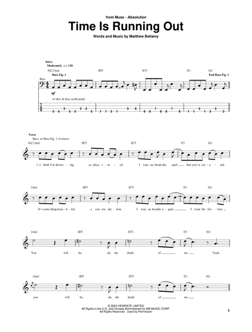 Time Is Running Out - Muse (Bass Tab)