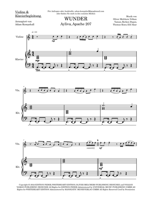 Wunder (Arr. Adam Kempshall) - Ayliva Apache 207 (Violin and Piano)