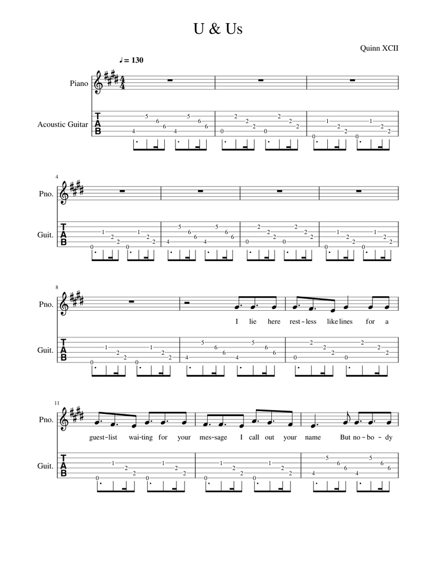 U & Us Quinn XCII Sheet music for Piano, Guitar (Mixed Duet)