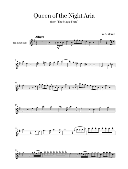 W. A. Mozart - Queen of the Night Aria for Trumpet in Bb Solo (Arr. Cadenza Editions) - W A Mozart (Trumpet Solo)
