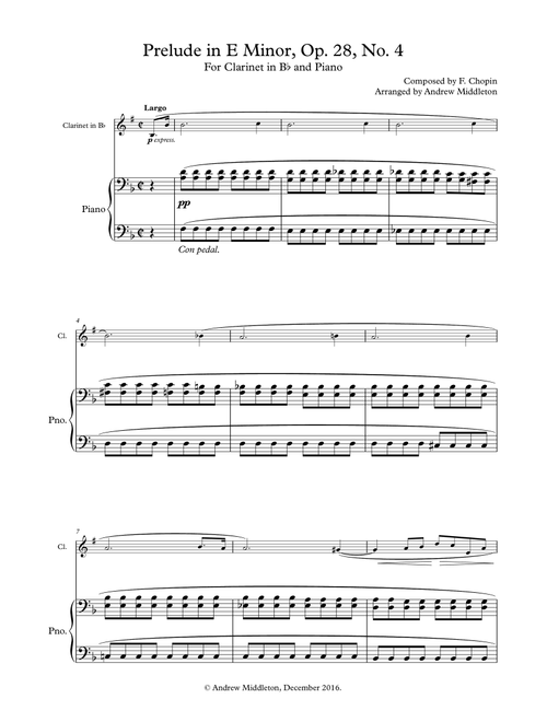 Prelude in E Minor, Op. 28 arranged for Clarinet & Piano (Arr. Andrew Middleton) - Fredric Chopin (Small Ensemble)