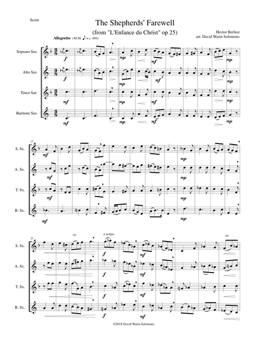 The Shepherds' Farewell for saxophone quartet (Arr. David Warin Solomons) - Hector Berlioz (Woodwind Ensemble)