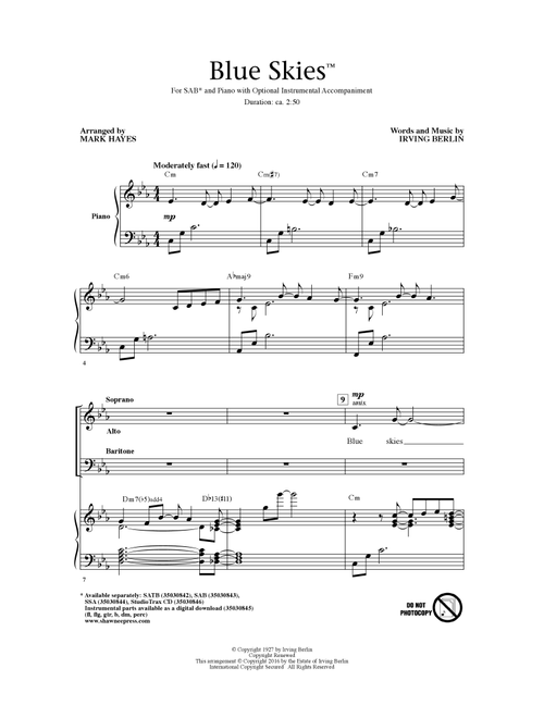 Blue Skies (arr. Mark Hayes) - Irving Berlin (Choral, SAB)