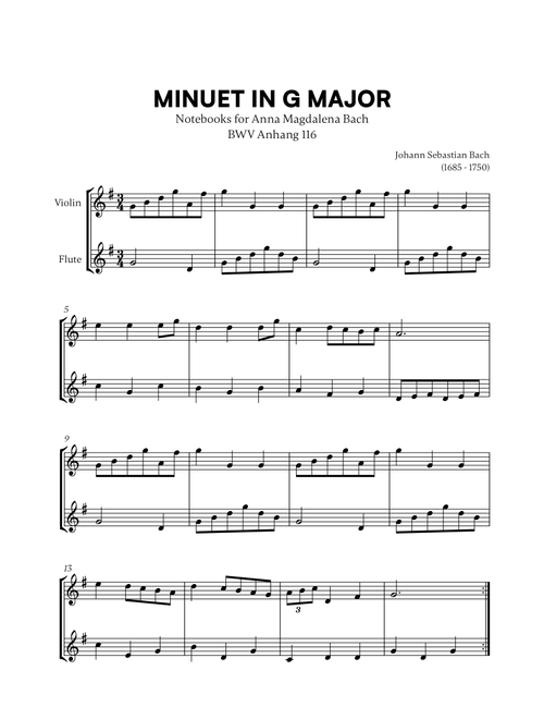 Johann Sebastian Bach - Minuet in G Major (BWV Anh. 116) (for Violin and Flute) (Arr. Cadenza Editions) (Instrumental Duet)