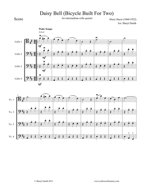 By the Light of the Silvery Moon, arranged for four cellos / cello quartet (Arr. Yellow Cello Music) - Gus Edwards / Edward Madden (String Ensemble)