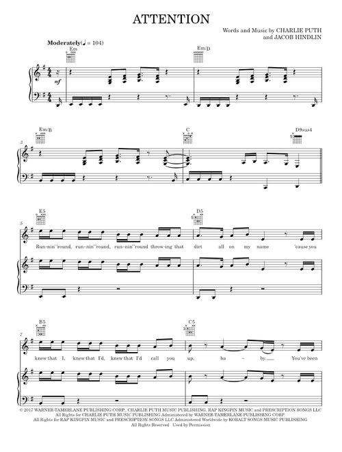 Attention - Charlie Puth, Pentatonix (Piano-Vocal-Guitar)