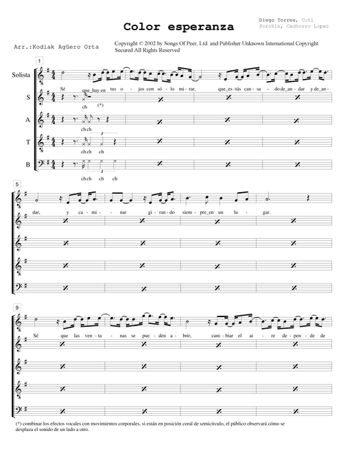 Color Esperanza (Arr. Kodiak Aguero Orta) - Cachorro Lopez, Coti Sorokin, Diego Torres (Choral, SATB)