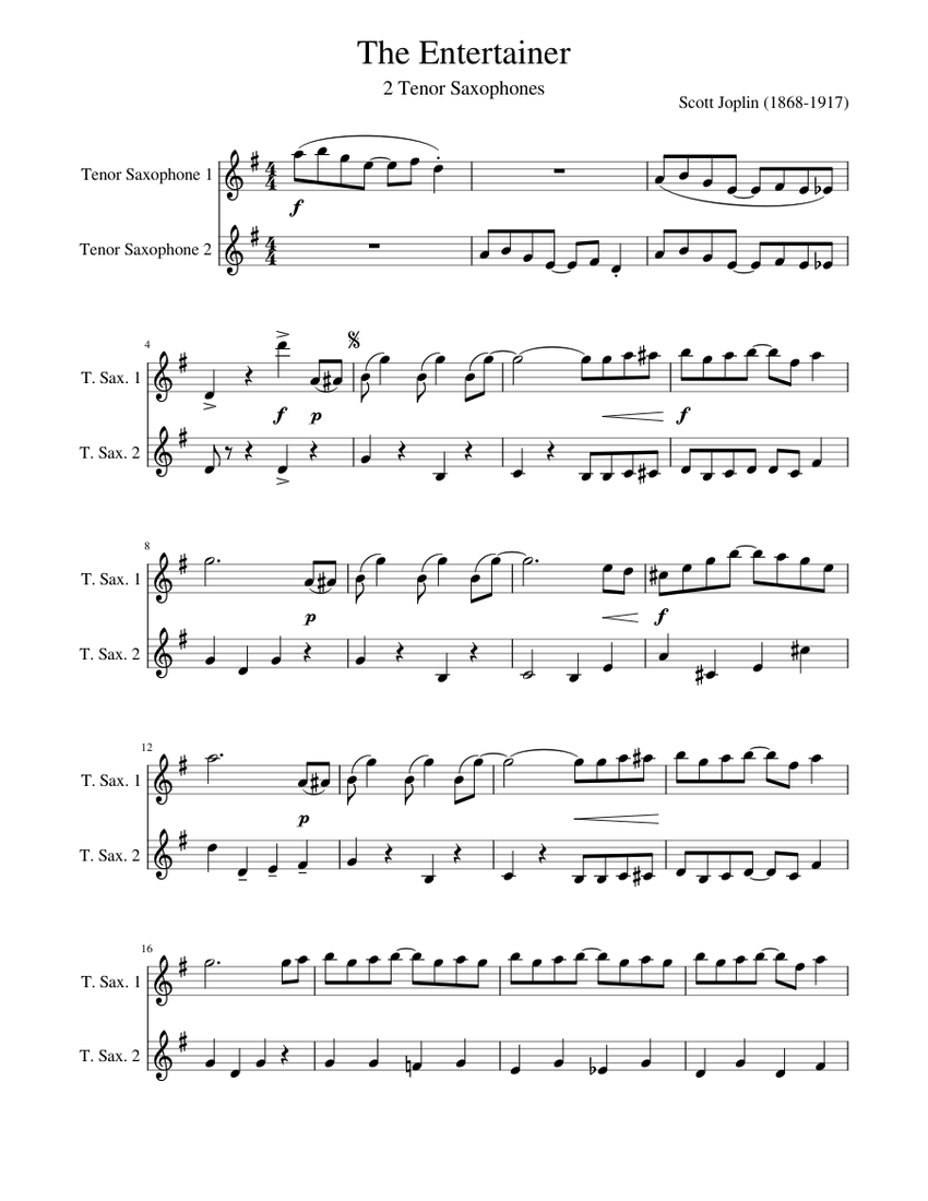Scott Joplin - The Entertainer 2 tenor saxophones v1.0 Sheet Music for ...
