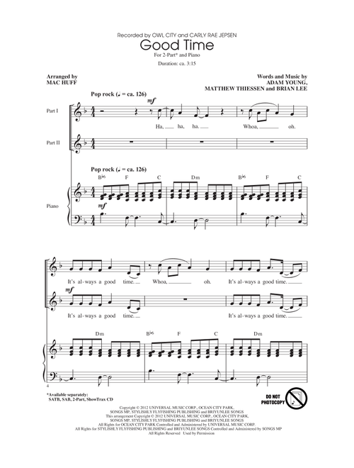Good Time (Arr. Mac Huff) - Owl City (Choral, 2-Part)