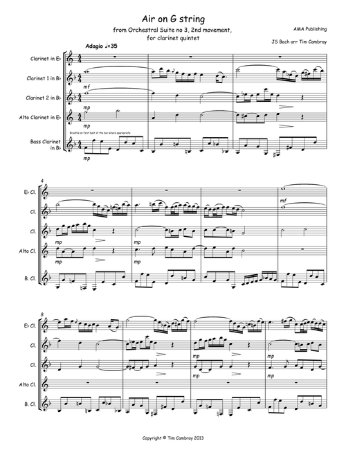 Air on a G String - for classic clarinet quintet (Arr. Tim Cambray) - JS Bach (Woodwind Ensemble)