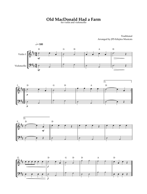 Old MacDonald Had A Farm - Violin and Cello Duo - Easy in D Major (Arr. JPS Edições Musicais) - Thomas D'Urfey (Instrumental Duet)