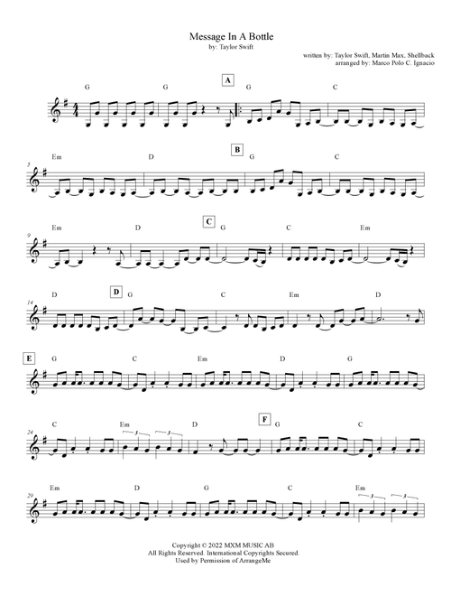 Message In A Bottle Taylor S Version From The Vault (Arr. Marco Polo C. Ignacio) - Taylor Swift (Lead Sheet - Fake Book)