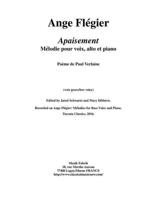 Ange Flégier:  Apaisement for low voice, viola and piano (Small Ensemble)