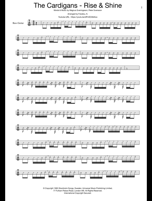 Rise And Shine (Arr. Fukatsu, K.) - The Cardigans (Bass Tab)
