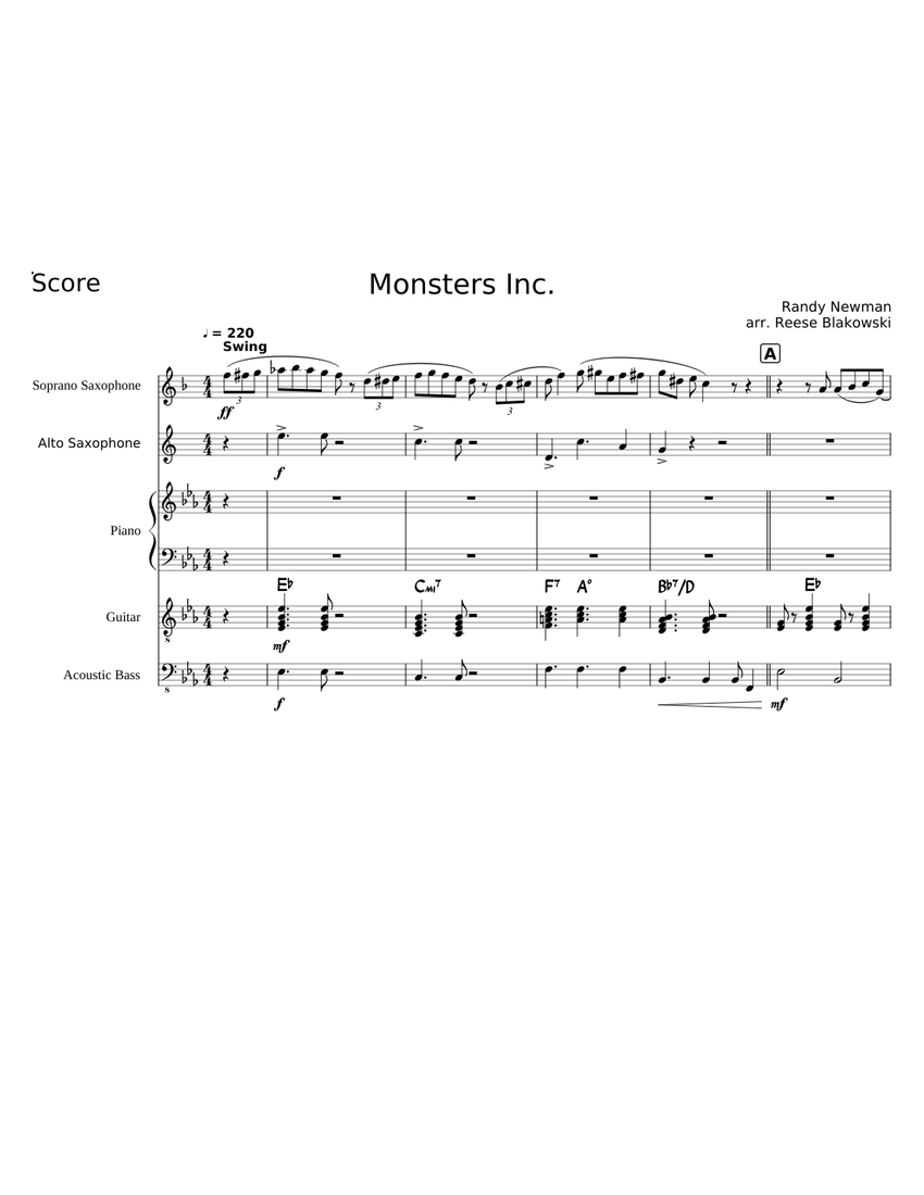 monsters inc. Sheet music for Piano, Saxophone alto, Guitar (Mixed Trio