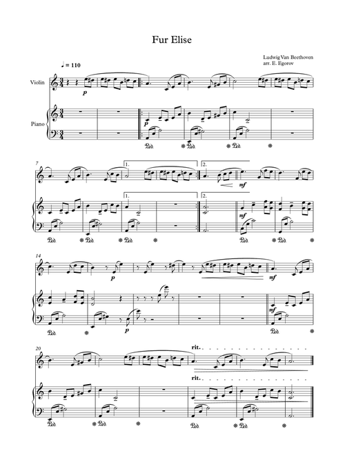 Fur Elise, Ludwig Van Beethoven, For Violin & Piano (Arr. Eugene Egorov) (Violin and Piano)
